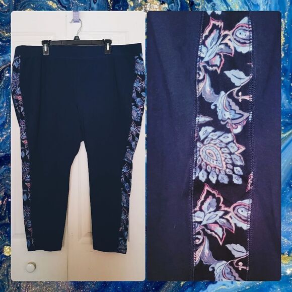 #026 Catherine's active blue leggings w paisley floral print stripe Sze. 3XWP - Picture 1 of 7